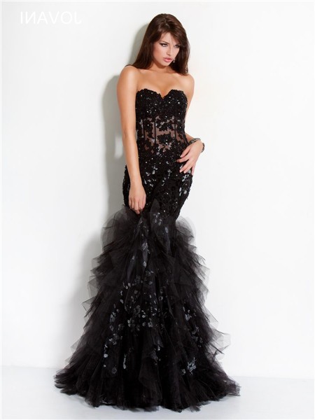 Mermaid Strapless See Through Black Tulle Lace Beaded Sparkly Prom Dress