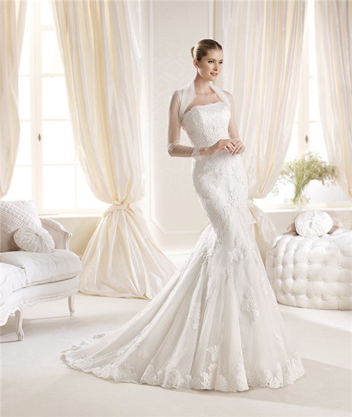 Mermaid Strapless Tight Fitting Lace Wedding Dress With Tulle Sleeved ...