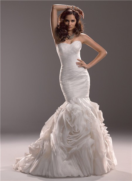 Mermaid Sweetheart Fit And Flare Tulle Rosette Wedding Dress With Ruching