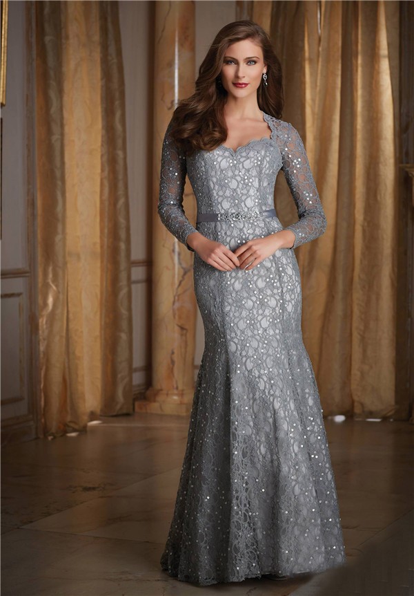 Mermaid Sweetheart Long Sleeve Silver Lace Beaded Formal Occasion ...