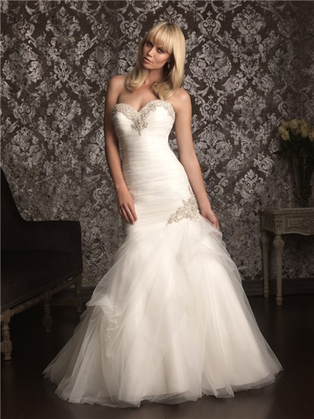 Mermaid Sweetheart Tulle Ruched Beaded Wedding Dress Lace Up Back
