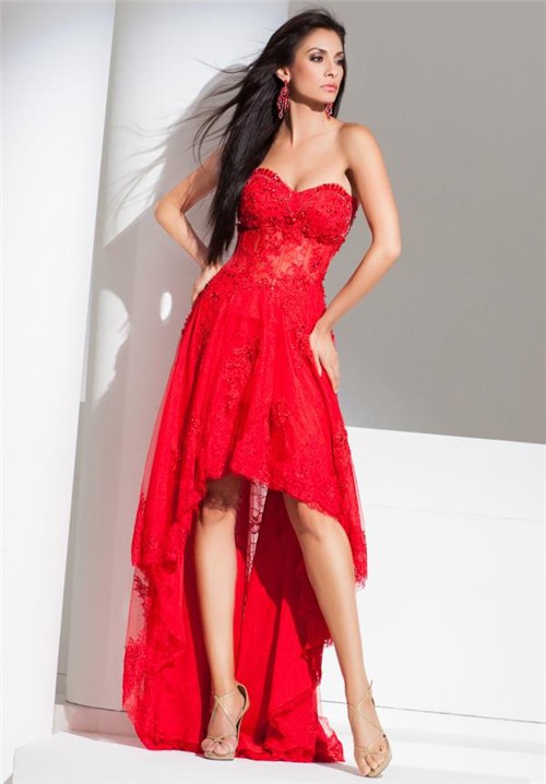 Modern High Low Strapless Red Tulle Lace Beaded Corset Homecoming Prom ...