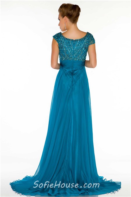 Modest A Line Cap Sleeve Long Turquoise Blue Chiffon Beaded Formal ...