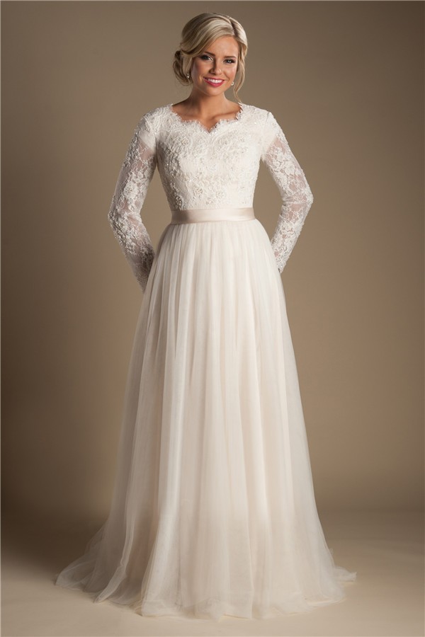 Modest A Line Long Sleeve Champagne Tulle Lace Wedding Dress With ...
