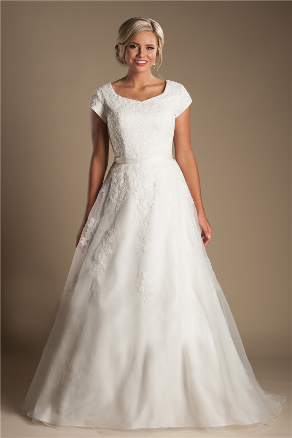 Modest A Line Sweetheart Cap Sleeve Organza Lace Wedding Dress With Sash
