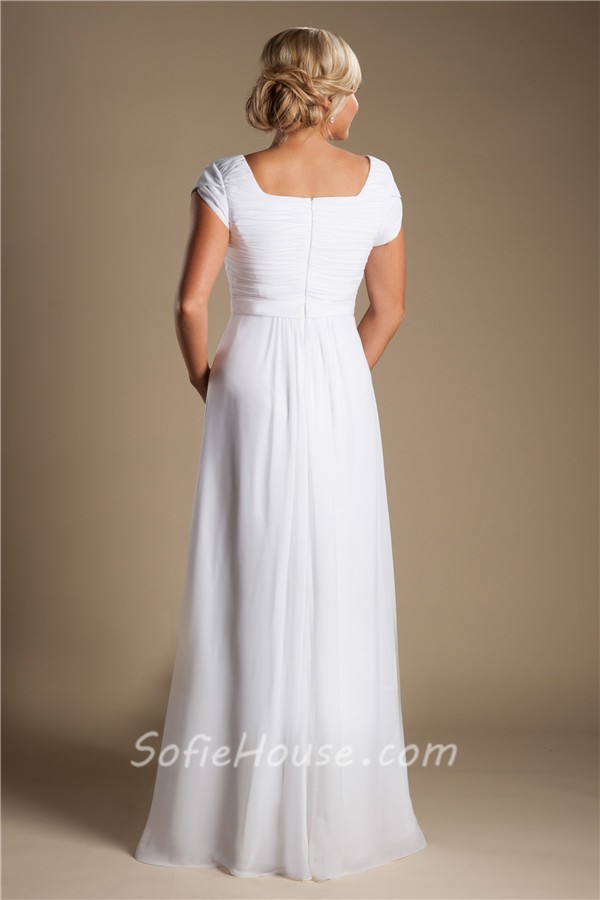 Modest Sheath Sleeve White Chiffon Garden Beach Wedding Dress Without Train