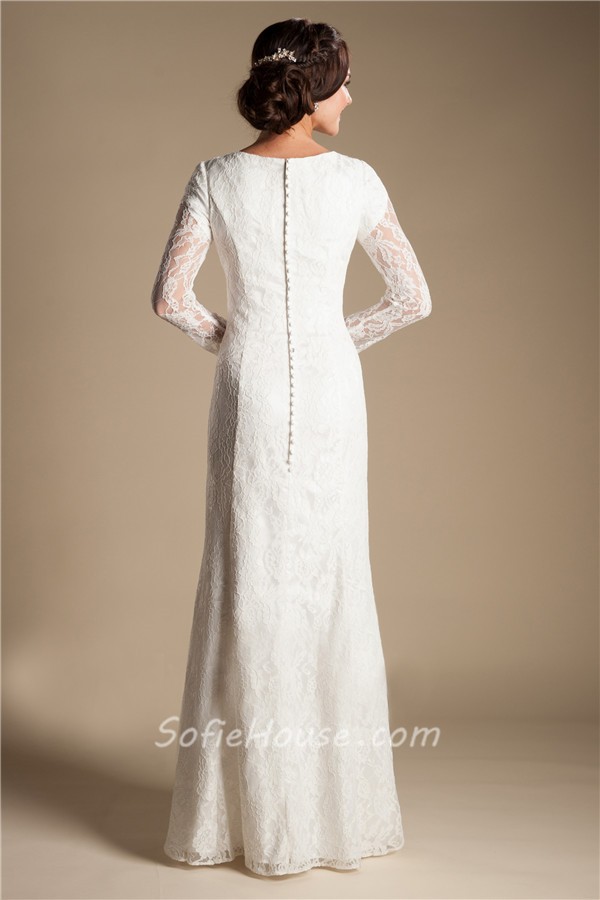 Modest Sheath Sweetheart Long Sleeve Lace Wedding Dress With Buttons
