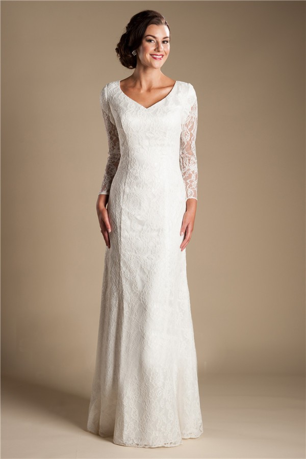 Modest Sheath Sweetheart Long Sleeve Lace Wedding Dress With Buttons