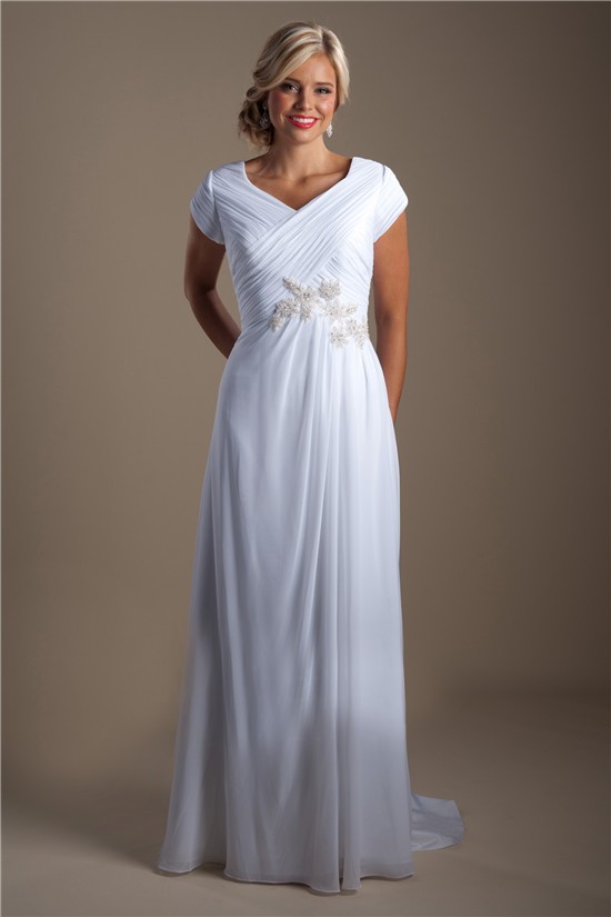 Modest Sheath V Neck Cap Sleeve Chiffon Beaded Beach Wedding Dress