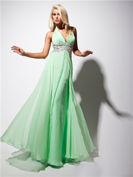 New Sexy Halter Floor Length Green Chiffon Evening Prom Dress With ...