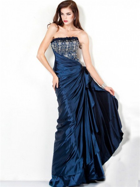Perfect A Line Strapless Long Navy Blue Ruched Taffeta Beaded Evening ...