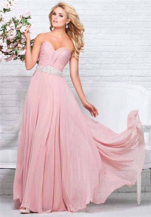 Perfect A Line Strapless Sweetheart Long Blush Pink Chiffon Beaded Prom ...