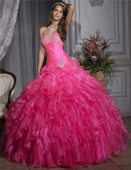 Pretty Ball Gown Hot  Pink  Organza Quinceanera  Dress  With 