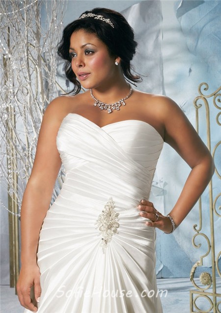 Princess A Line Strapless Sweetheart Ruched Satin Plus Size Wedding ...