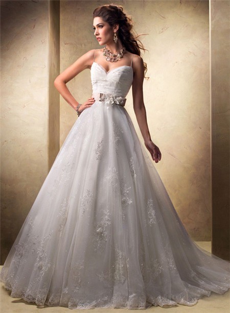 Princess Ball Gown Sweetheart Spaghetti Strap Tulle Lace Wedding Dress ...