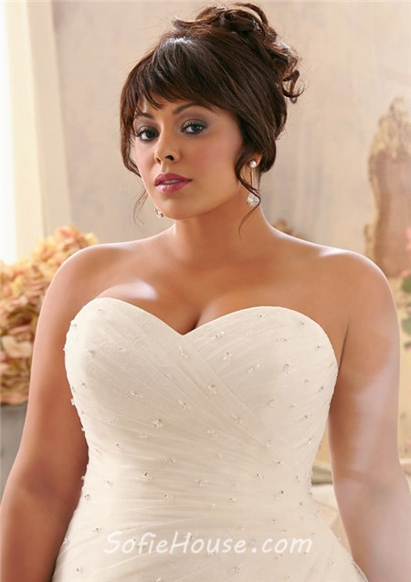 Romantic A Line Sweetheart Lace Tulle Beaded Plus Size Wedding Dress ...