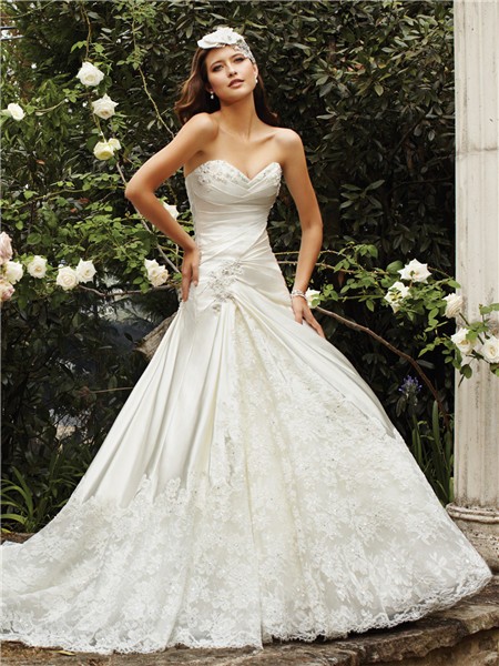 Romantic A Line Sweetheart Neckline Ivory Satin Lace Wedding Dress ...