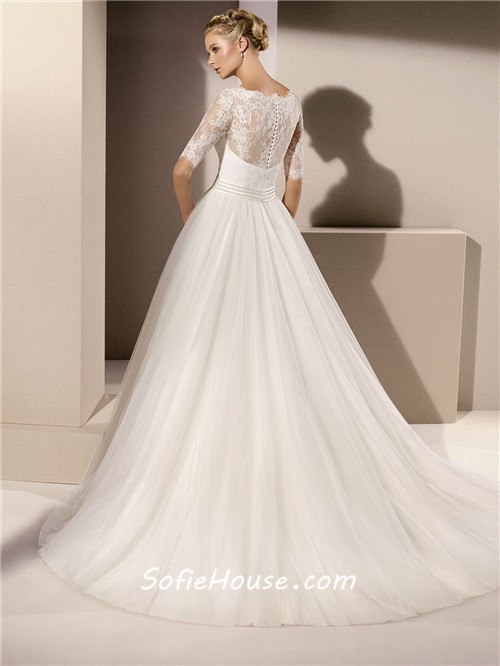 Romantic Ball Gown Scalloped Neck Tulle Lace Sleeve Wedding Dress With Sash