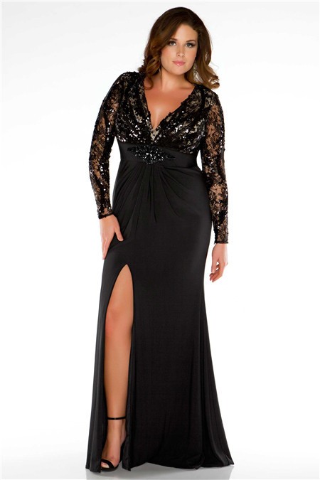 Sexy Cut Out Back Long Black Jersey Lace Plus Size Evening Prom Dress ...