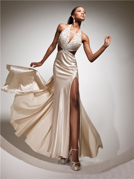 Sexy Halter Backless Long Champagne Silk Beading Prom Dress With Cut