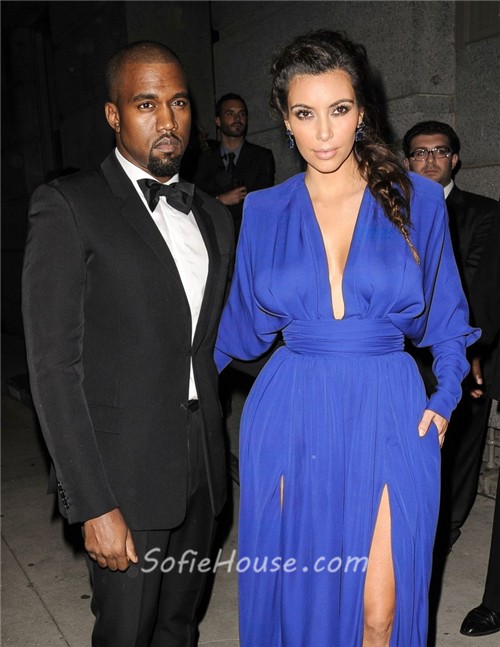 Sexy Long Royal Blue Chiffon Kim Kardashian Red Carpet Celebrity Dress