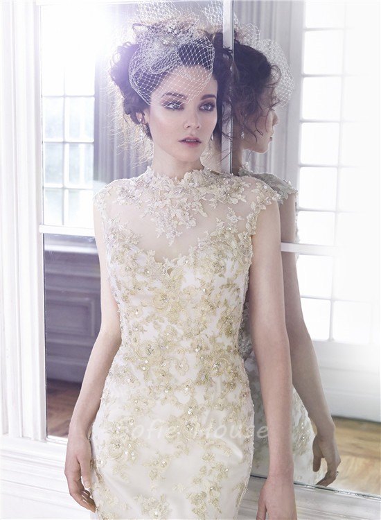 Sexy Mermaid High Neck Cap Sleeve Backless Champagne Lace Applique ...