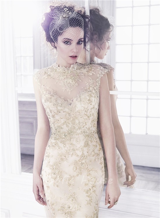 Sexy Mermaid High Neck Cap Sleeve Backless Champagne Lace Applique ...