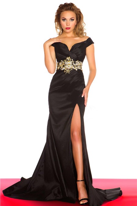 Sexy Mermaid Off The Shoulder Long Black Satin Beaded Evening Prom ...