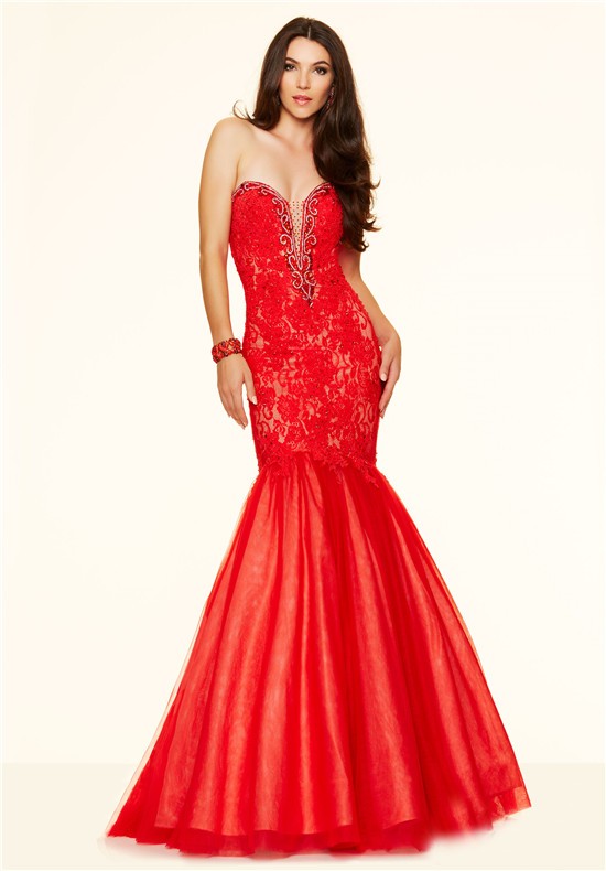 Sexy Mermaid Sweetheart Plunging Neckline Red Tulle Lace