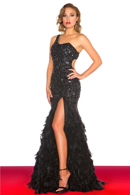 Sexy One Shoulder Backless Long  Black  Feather Beaded Prom  