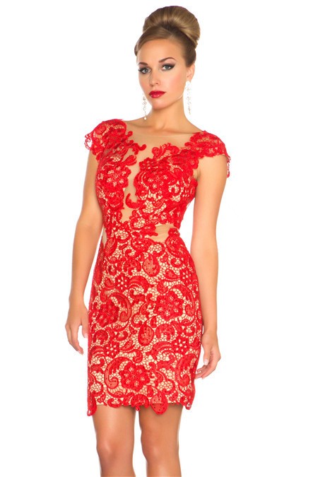 Sexy Sheath Illusion Neckline Cap Sleeve Backless Short Red Lace Party ...