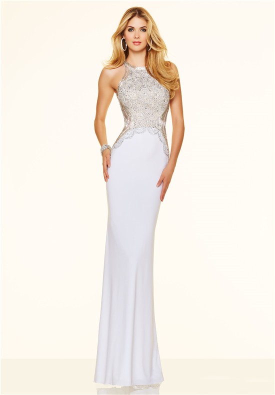 Sexy Slim  Backless Long White Beaded Evening Prom  Dress 