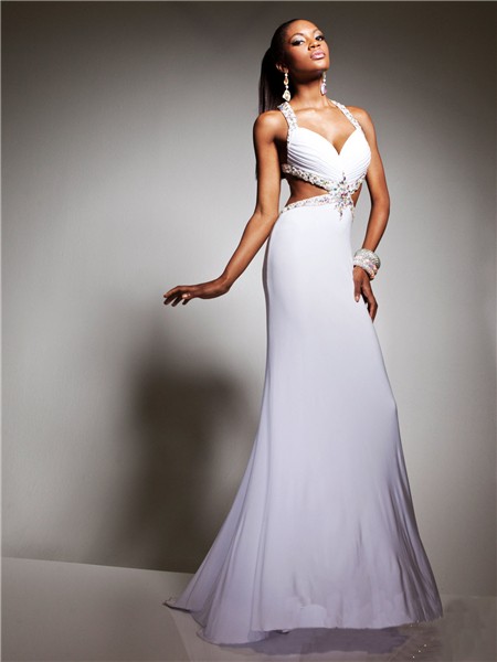 Sexy Sweetheart Straps Backless Long White Chiffon Beading Prom Dress ...