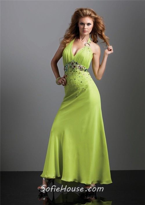 Sexy halter v neck backless long lime green chiffon prom dress with ...