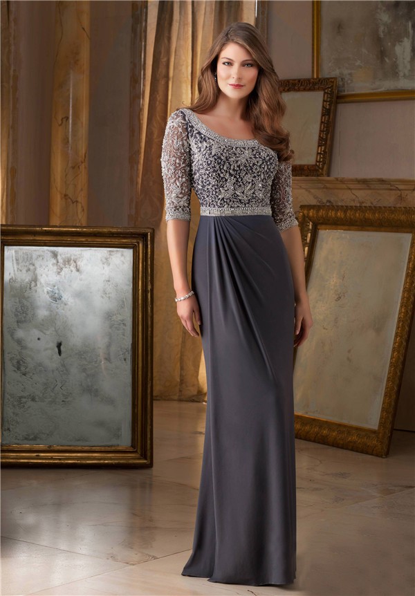 Sheath Bateau Neckline Long Grey  Chiffon Beaded Occasion 