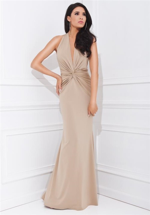 Sheath Halter Plunging  Neckline  Long Champagne Chiffon 