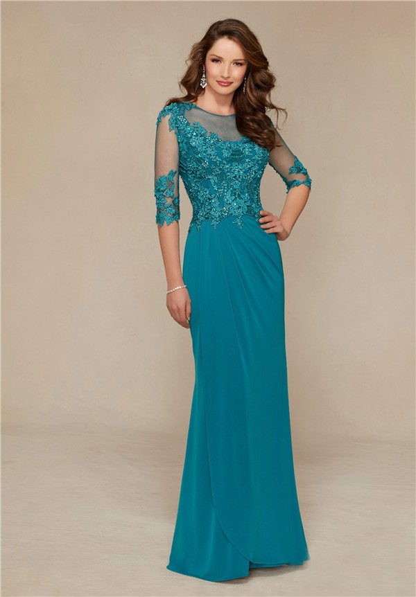 Sheath Illusion Neckline Long Teal Chiffon Lace Special Occasion ...