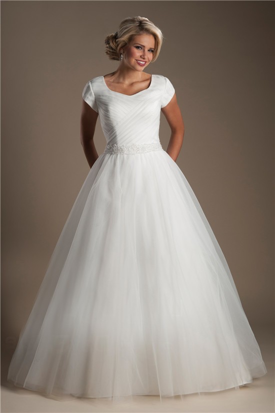 Simple Ball Gown Cap Sleeve Tulle Ruched Modest Wedding Dress With ...