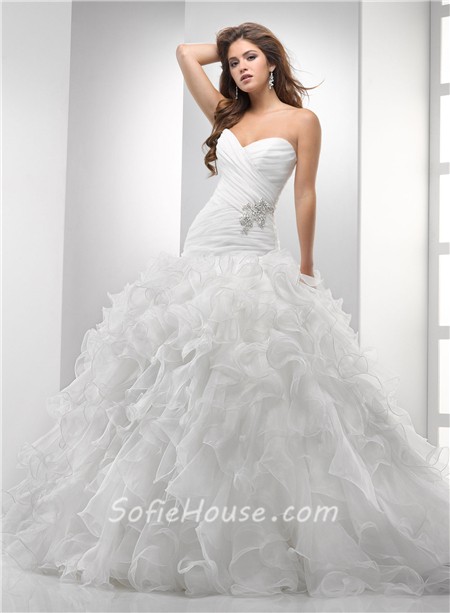 Simple Ball Gown Sweetheart Puffy Organza Wedding Dress With Ruffles ...