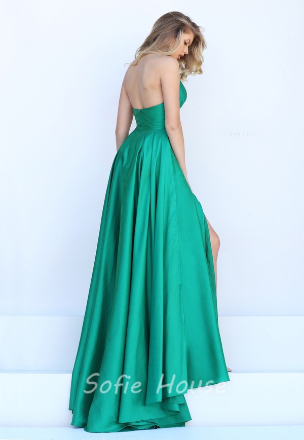Simple Halter High Slit Long Emerald Green Satin Evening Prom Dress