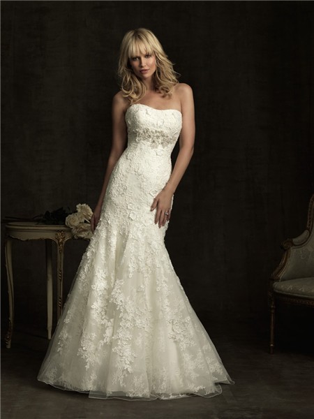 Slim Fitted Mermaid Strapless Empire Waist Ivory Lace Wedding Dress