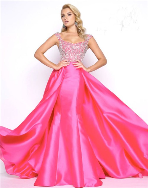 Stunning Cap Sleeve Strap Hot Pink Taffeta Beaded Prom Dress With Overskirt