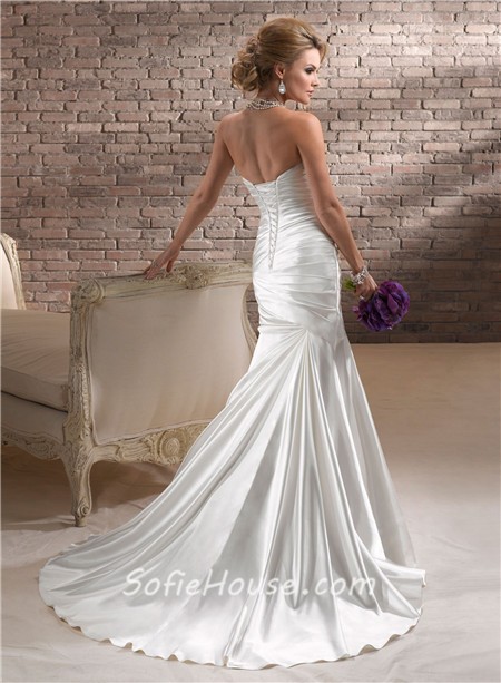 Stunning Fit And Flare Mermaid Strapless Ruched Satin Wedding Dress ...