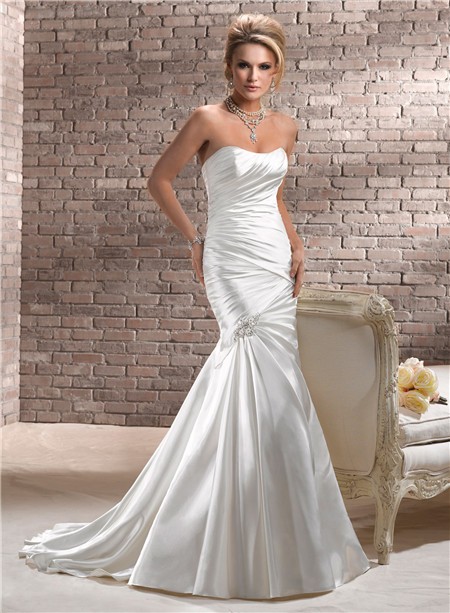 Stunning Fit And Flare Mermaid Strapless Ruched Satin Wedding Dress ...
