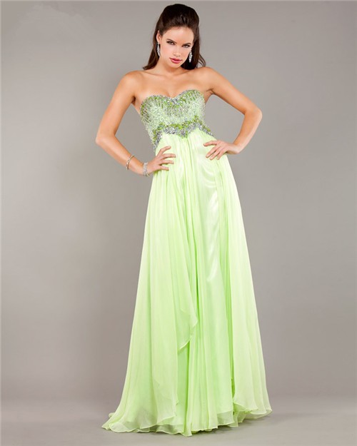 Stunning Strapless Empire Waist Long Light Green Chiffon Beaded Prom Dress