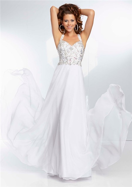 Sweetheart Neckline Flowing Long White Chiffon Beaded Prom Dress With ...