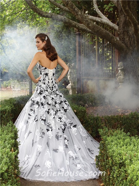 Unique A Line Strapless White Black Lace Applique Tulle Wedding Dress ...