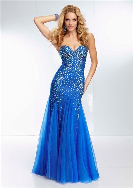 Unique Mermaid Sweetheart Neckline Long Royal Blue Tulle Beaded Crystal ...