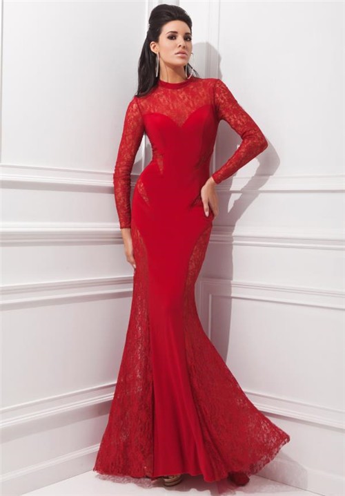 Unusual Mermaid High Neck Red Chiffon Lace Long Sleeve Evening Prom Dress