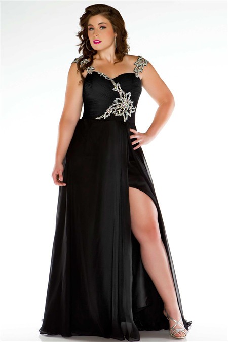 Unusual Straps Long Black Chiffon Beading Plus Size Evening Prom Dress ...
